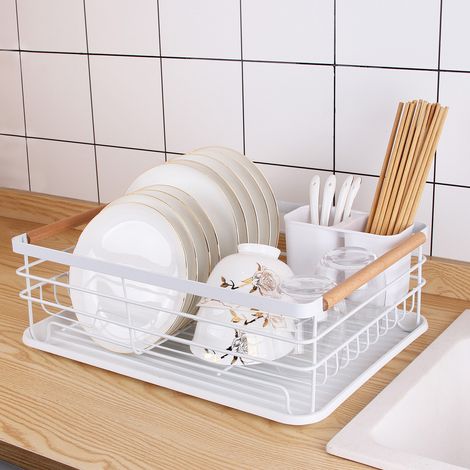 Égouttoir à vaisselle minimaliste moderne à un seul niveau, égouttoir à assiettes, étagère de rangement pour vaisselle en fer forgé, étagère de rangement de cuisine multifonctionnelle, blanc. (1/5)