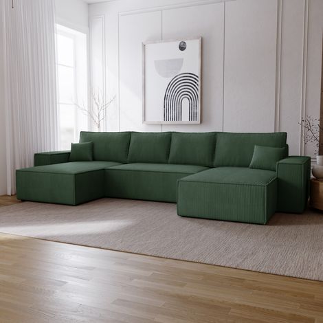 Emporius Canapé d'angle 6 places Bergamo U - canapé convertible 377 cm, velours côtelé - vert (1/5)