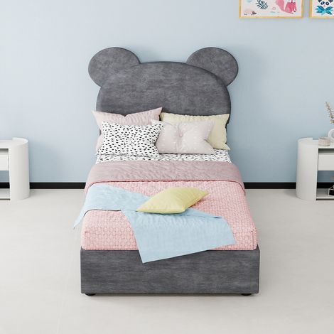 DESVIAE Lit enfant rembourré avec tête de lit forme cartoon coffre de rangement à vérins 90 x 200 cm gris en tissu et métal (1/4)