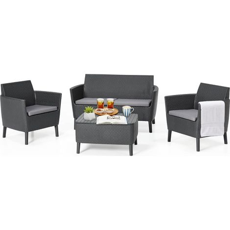 Dmora - Loungeset für draußen Butera, Outdoor-Lounge mit Couchtisch, Terrassenset mit Kissen, 133x67 h76 cm, Anthrazit