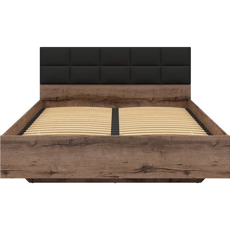 Lit coffre 160x200 avec tête de lit rembourrée noir, sommier et rangement ,coloris Chêne marron foncé - Longueur 206 x Profondeur 165 x Hauteur 42-98,5 cm (1/5)