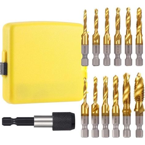 13 Pièces Foret Taraudeur HSS, SAE/Metric M3-M10 Foret Taraud Filetage Métrique Jeu de Forets et de Tarauds Combinés avec Adaptateur de Taraud pour Bois Métal Plastique Aluminium
