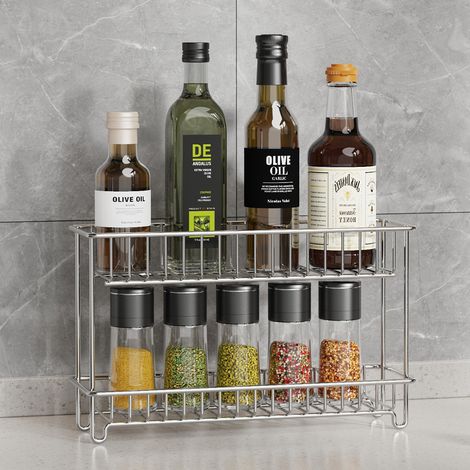 Étagère à épices double‑étages en acier inoxydable, rangement vertical plan de travail, antidérapante, résistante à la corrosion, sans installation, cuisine et salle de bain (1/5)