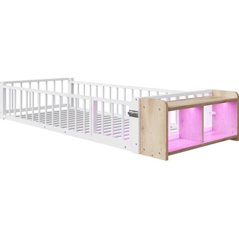 Lit plat, lit en métal 90 x 200 cm, cadre de lit en métal, lit en fer, lit pour enfant, avec garde-corps, casiers de rangement, lumières LED, blanc, sans matelas