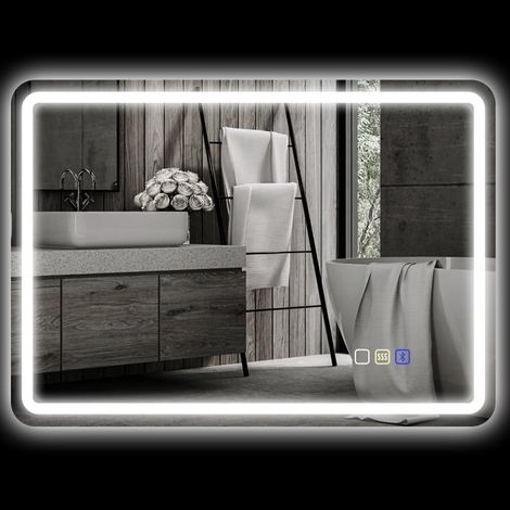 Miroir LED salle de bain 80 x 58,5 cm antibuée Bluetooth tactile, 3 couleurs de lumière, mémoire et horloge en verre argenté  CHICFURN (1/5)