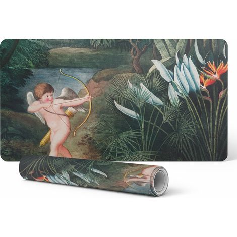 Alfombrilla de escritorio de vinilo con un elegante estampado de Cupido entre flores, 90x45 cm.