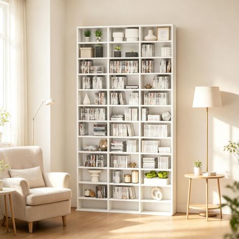 Mobile porta CD/DVD in MDF bianco 102 x 23,5 x 195 cm regolabile DESVIAE (1/5)