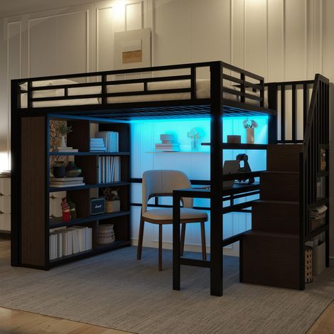 Lit mezzanine, 140 x 200 cm, structure en fer, avec bureau, compartiment de rangement, éclairage LED, escalier avec espace de rangement intégré, sans matelas, noir