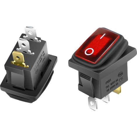 Interrupteur à bascule KCD1 1521 Petit bouton de bascule d'alimentation pour distributeur d'eau électronique avec lumière étanche KCD1-3 broches, 2 positions étanche, rouge avec lumière. (1/2)