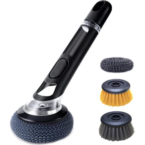 Brosse de nettoyage de cuisine avec poignée de distributeur de savon, tête de brosse multifonctionnelle pour casseroles, évier de cuisine, outil de nettoyage 4 en 1 pour la maison et (1/5)
