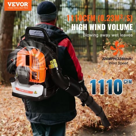 Souffleur de feuilles à essence, 63 CC, souffleur de neige à dos 2 temps, avec réservoir de carburant 1,89 L, volume d'air 1110 CFM pour entretien de pelouse, nettoyage de feuilles, déneigement (1/5)