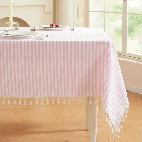Nappe rayée Table Cloth Rectangulaire avec Pompons, Nappes Lavables Linge de Table Décoratif pour Cuisine, Salle à Manger et Tabletop Tablecloth (Rose et Blanc,140x140cm) (1/5)