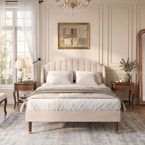 Letto 2 posti - 140x190 cm - Rete a doghe - Testiera imbottita - Velluto beige (1/5)