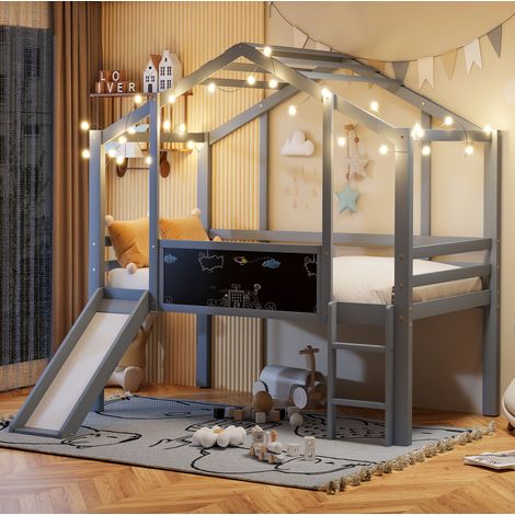 Letto a soppalco per bambini stile casetta 90x200 cm in legno massello grigio con scala di sicurezza, scivolo e lavagna (1/5)