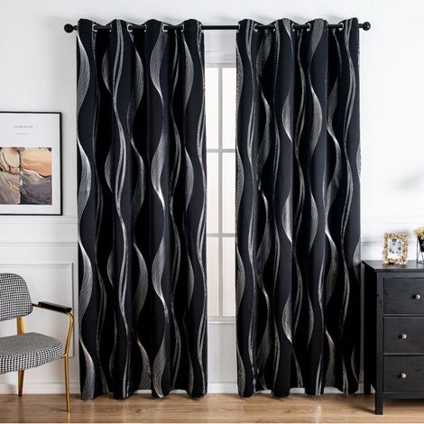 Rideaux occultants thermiques pour porte - Rideaux décoratifs noirs métallisés imprimés de lignes ondulées argentées, 132 cm de large x 213 cm de long, rideaux occultants et insonorisants pour salon/c (1/5)