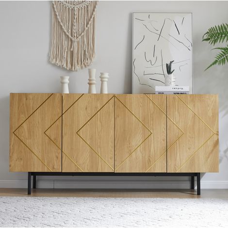 Buffet 160x40x78 cm naturel en panneaux de particules avec 4 portes, étagères réglables et design sans poignées (1/5)