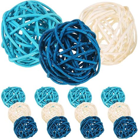 15 boules de rotin décoratives sphériques, élégantes boules en fibre végétale blanches et bleues (1/5)