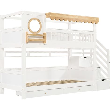 Letto a soppalco per bambini 90x200 cm con scala contenitore, 2 cassetti, bianco naturale (1/5)