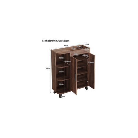 Meuble à chaussures étroit aspect bois – 80 x 32 x 99 cm, 2 portes, niches ouvertes, tablette supérieure, pour entrée ou petits espaces – Gain de place élégant (1/5)