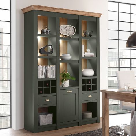 Landhaus Buffet Regalschrank CINCINNATI-61 in grün mit Wotaneiche inkl. LED, B/H/T: 147/207/45cm (1/5)