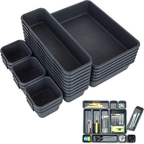 Lot de 16 organiseurs de tiroir modulaires, séparateurs emboîtables en 3 tailles, bacs de rangement en plastique pour bureau, salle de bain, cuisine et maquillage, gris foncé (1/5)