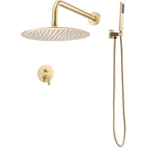 Mophorn Ensemble de robinetterie de douche encastrable, système de douche pluie avec pommeau rond de 25,4 cm, douchette à main et kit de montage mural, finition or brossé pour salle de bain
