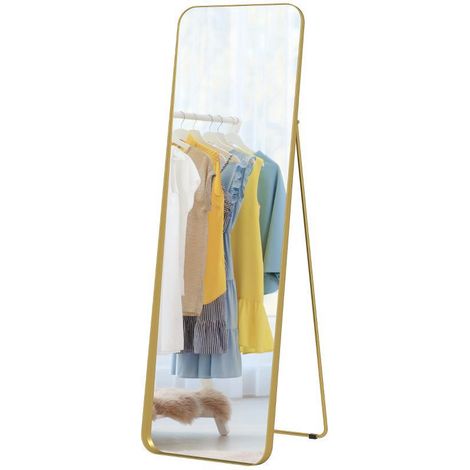 Miroir pleine longueur, sur pied, inclinable, cadre en métal, panneau de fibres de moyenne densité, 160 x 50 cm, plaqué or. (1/5)
