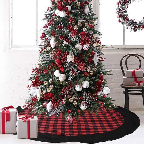 jupe De Sapin De Nol  Carreaux Rouges Et Noirs - 120 Cm, Dcoration De Sapin De Nol, Housse De Sapin Artificiel, Dcoration De Sapin De Nol Pour Les