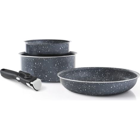 Batterie de Cuisine à Induction 4 Pièces Set de 2 Casseroles 16 et 20 cm Anti-Adhésives, 1 Sauteuse 24 cm et Poignée Amovible Aluminium Tout Feu Gris Marbre (1/5)