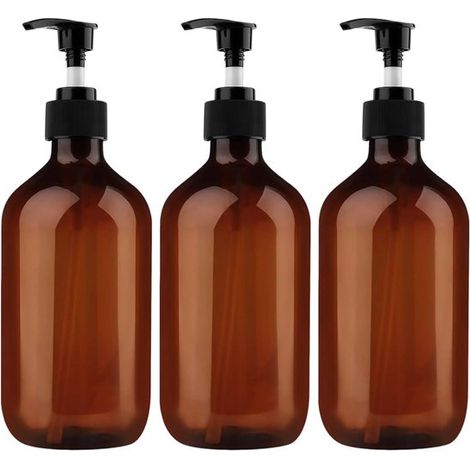 Lot de 3 flacons PET bruns de 500 ml avec pompe rechargeable, contenant respectivement du shampoing, de la lotion hydratante et du gel douche. (1/5)
