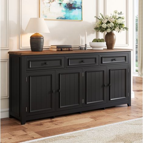 Aparador de MDF negro con tapa efecto madera, 160x35x76 cm, 3 cajones, 4 puertas y baldas regulables (1/5)