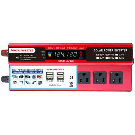 Inverteur d'énergie solaire de 2000 watts, Inverteur d'énergie solaire 12V DC à convertisseur AC 110V-120V avec 3 prises AC 2 ports de charge USB, écran LCD pour système d'énergie solaire hors réseau, (1/5)