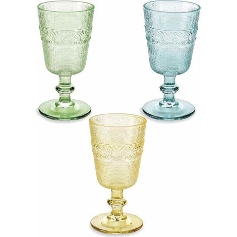 Verres à pied en verre travaillé et coloré tons bleu, jaune et vert, idéals pour événements, lot de 6, diam. 8,5 x H. 16,5 cm