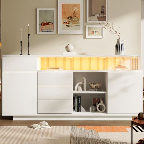 Aparador 160 x 40 x 75 cm con LED, 4 cajones, 2 puertas, MDF y acrílico blanco DESVIAE (1/5)