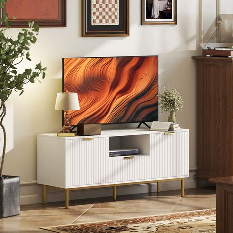 Mueble para TV de 50 pulgadas con 2 puertas de cierre suave, cajón y compartimento abierto, 120x39x54cm, blanco