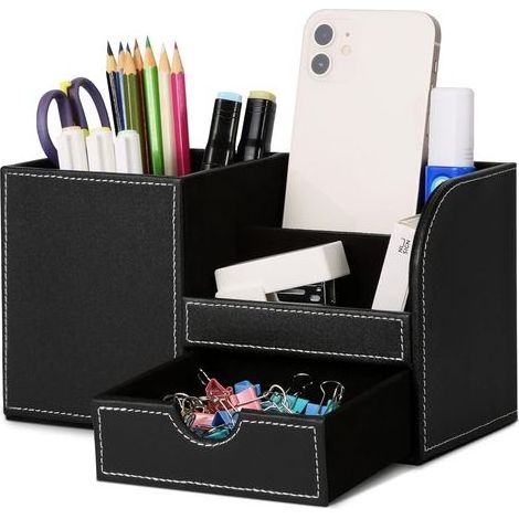 Organisateur de Bureau, Rangement de Bureau en Cuir Pot à Crayons Porte-Stylo Peu Encombrant, 4 Compartiments de Stylos, Agrafeuses, Dossiers, Notes Autocollantes, Téléphones(Noir 1) (1/5)