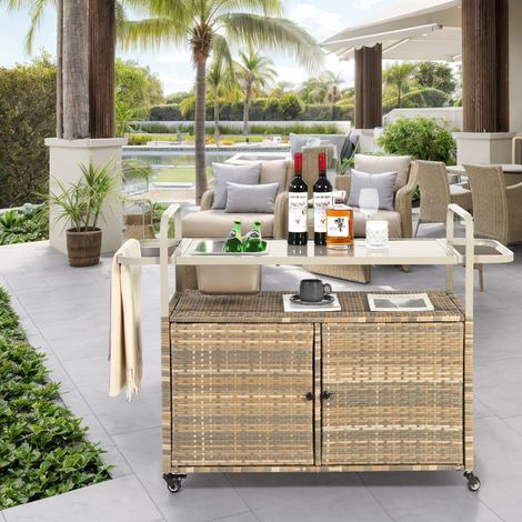 Bar de Jardin Mobile Rattan Beige avec Plateau Acier, Glacière Intégrée, Porte-Bouteilles, Roues Verrouillables - 120x60x93 cm