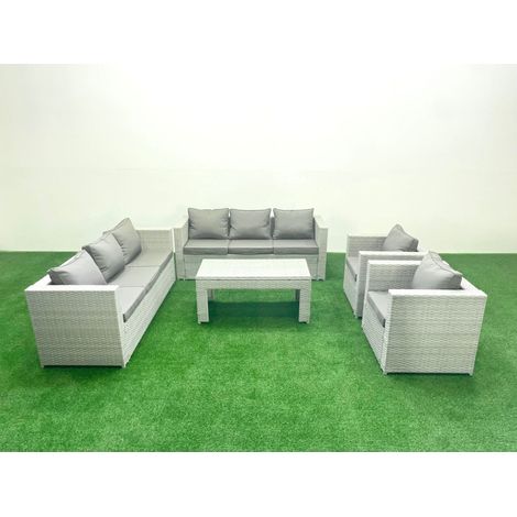 Fimous Outdoor Garden Furniture Rattan Sofa Set with 2 Armchairs Oblong Coffee Table Light Grey Mixed (1/5)