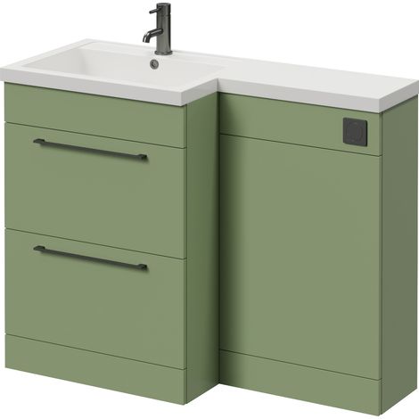 Napoli 460 Olive Green 1100mm 2 Drawer Vanity Unit Toilet Suite with Left Hand Square Lucia Basin - 1100mm - Gunmetal Grey 320mm HandleWithout Kingston Toilet Pan