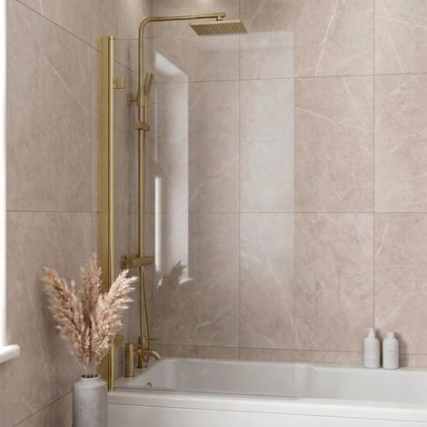 Square Hinged Bath Shower Screen 830 x 1520mm – Brushed Brass, 6mm Safety Glass, Reversible 180° Pivot (1/5)