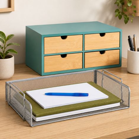 Set per l'archiviazione in ufficio (2 pezzi) – Vassoio portadocumenti impilabile in rete metallica e organizer in bambù a 4 cassetti (1/5)