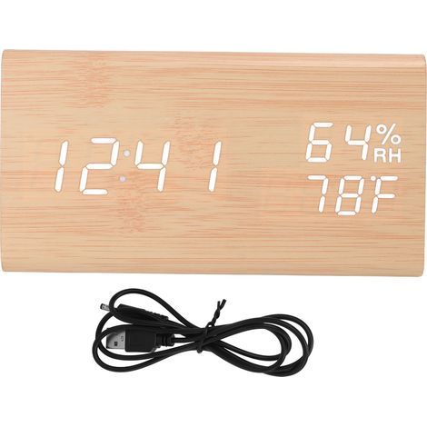 Horloge Numérique en Bois avec Affichage Date Température Humidité Alarme Contrôle Vocal LED (1/5)