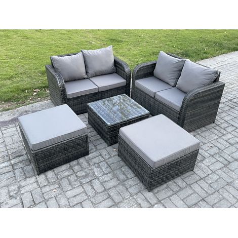 Fimous Ensemble de meubles de jardin en rotin avec Table basse carrée Love Sofa 2 grand tabouret Mélange gris foncé (1/5)