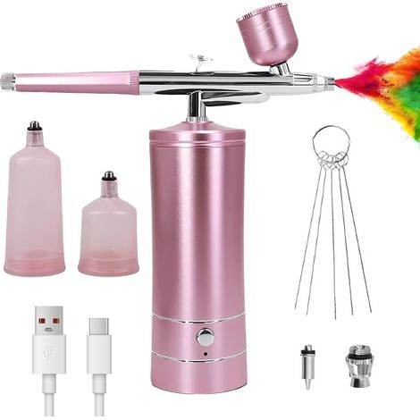 Kit Aérographe Multi Fonctions avec Compresseur: Kit Aérographe Sans Fil avec Compresseur d'air, Brosse à Air Rechargeable pour Nail Art, Décoration de Gâteau, Modélisation de Tatouage (Rose)