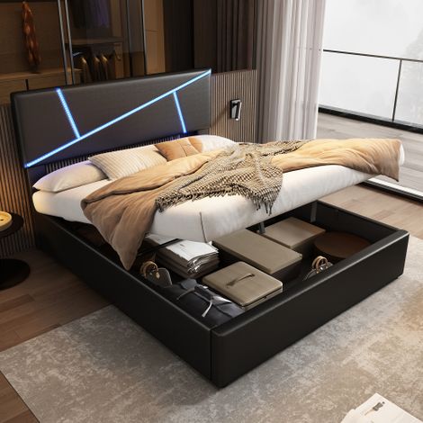Bequemes Polsterbett mit LED-Lichtleisten,140200 cm, Doppelbett mit Lattenrost, Rückenlehne, hydraulisches Funktionsbett, Synthetisches Leder, Schwarz