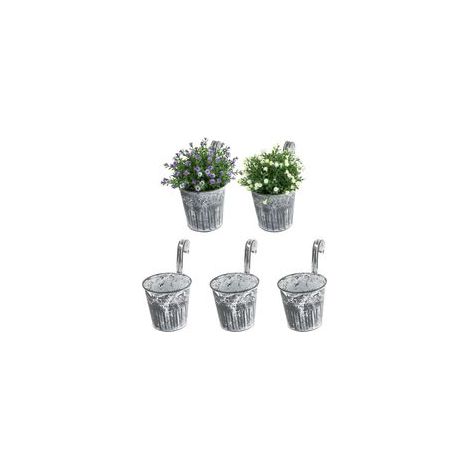 Set di 5 vasi da fiori sospesi in ferro stile vintage con ganci e manici, secchi per piante per interni ed esterni, ideali per decorare balconi, giardini e balconi, con griglia da 14 cm.