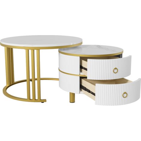 Set aus 2 runden Couchtischen aus weißem Hochglanz-MDF mit 2 Schubladen, 70/50 cm (1/5)