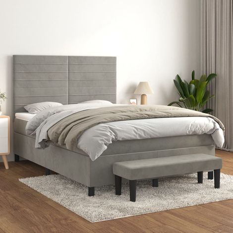 Lit avec sommier à lattes, matelas et banc en velours gris clair 140 x 200 cm, 80.11kg - PANGIVO (1/5)