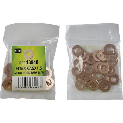 BOLSA DE 30 ARANDELAS DE COBRE PARA INYECTORES - Ø15.0x7.5x1.5 - IVECO FORD BMW MAN (REF. 53464)  JBM13948 (1/2)