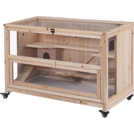 Wooden Hamster Cage, Mice Rodent Small Animals Kit Hutch, 3 Tiers Exercise Play House, Wheels, Bottom Tray, 99 x 50 x 69 cm, Natural Wood (1/5)